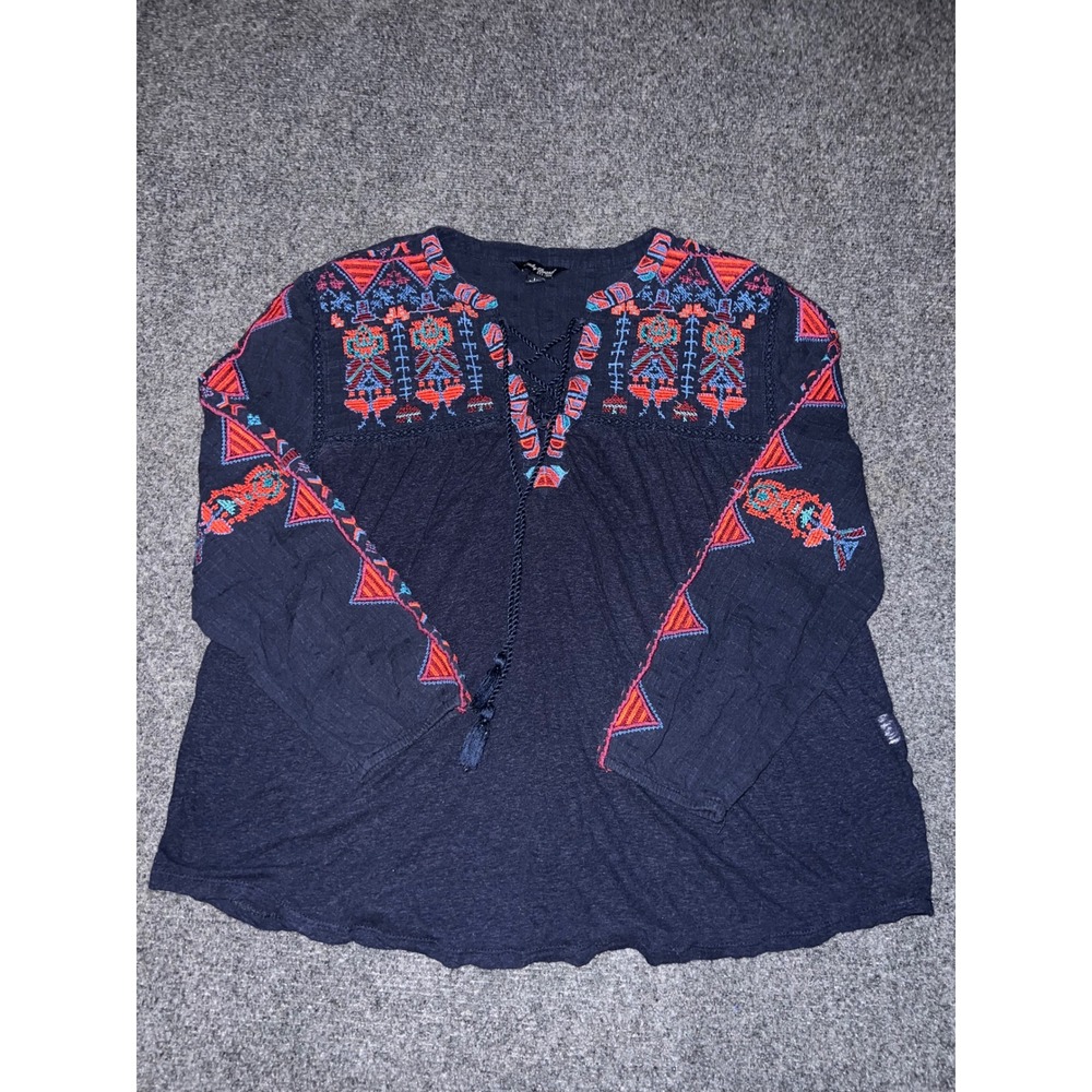 Lucky Brand Navy Blue Embroidered Linen Blend Peasant Blouse Top Large